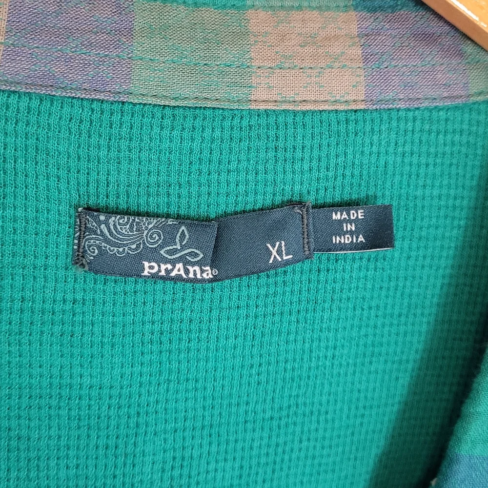 XL Prana Plaid Shacket 100% Organic Cotton Waffle Knit Lining Teal Green & Blue - Picture 4 of 16